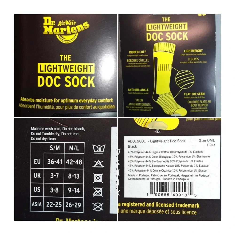 2-Pairs Dr. Martens The Lightweight Doc Sock‎ Black/Yellow Size M/L
